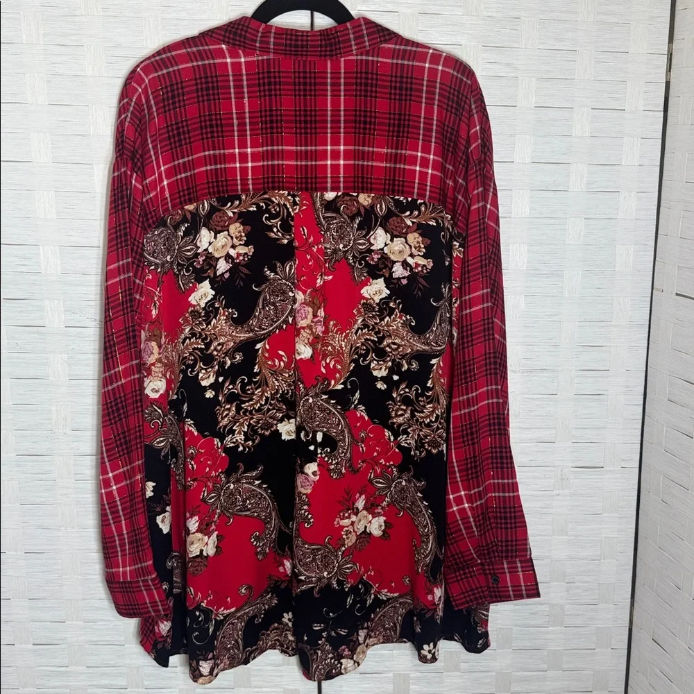 Cato Red & Black Plaid Floral Back Tunic Top Pullover Oversized Size 18/20W